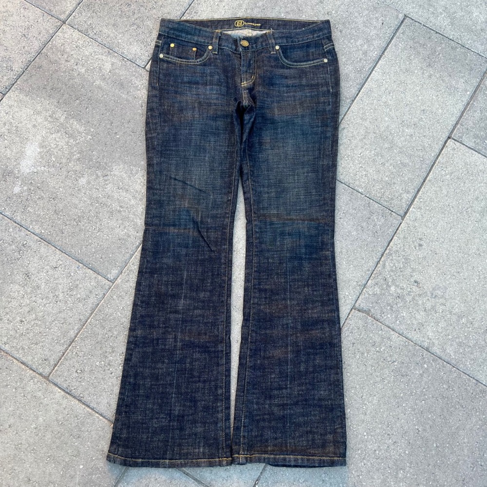 Bebe Womens Dark Wash Low Rise Flare Leg Jeans Size 29P Made in USA Indigo